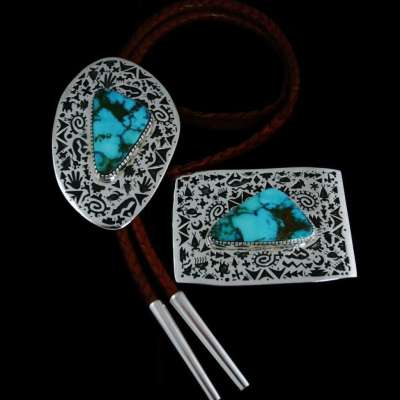 KEE YAZZIE CANDELARIA TURQUOISE PETROGLYPH DESIGN BOLO BUCKLE SET Profile Picture