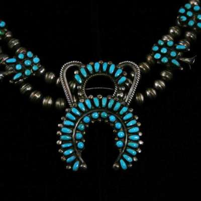 VINTAGE ZUNI BLUE GEM TURQUOISE SQUASH BLOSSOM NECKLACE AND EARRINGS Profile Picture